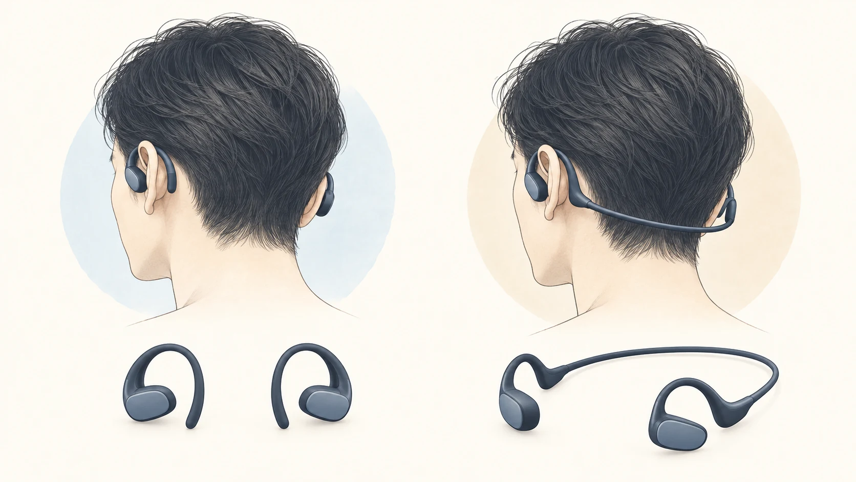 左右独立タイプとネックバンド型の形の違いを示す生成イラスト