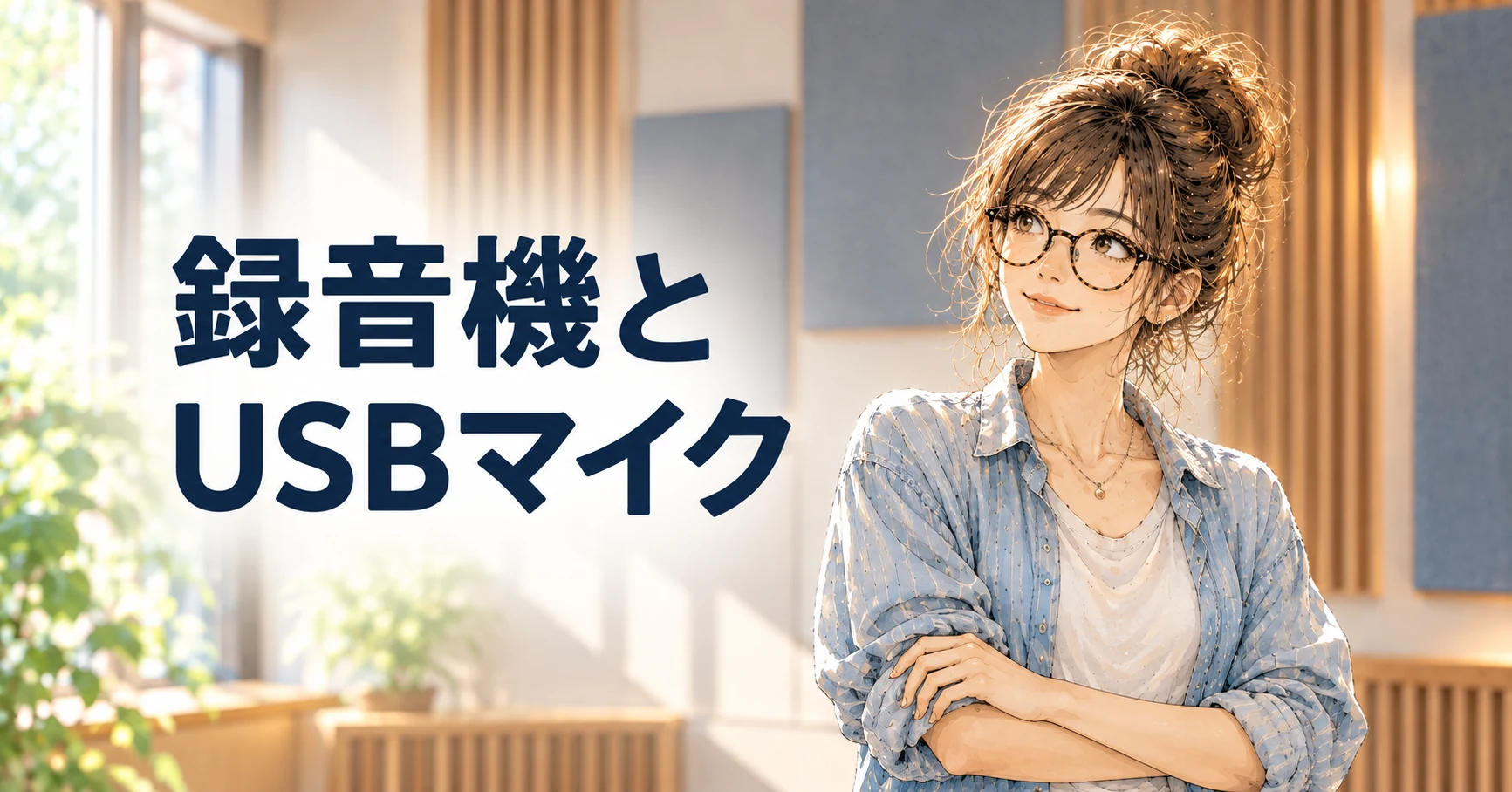録音機とUSBマイクについて考える、丸眼鏡とお団子ヘアの女の子の説明用カバー